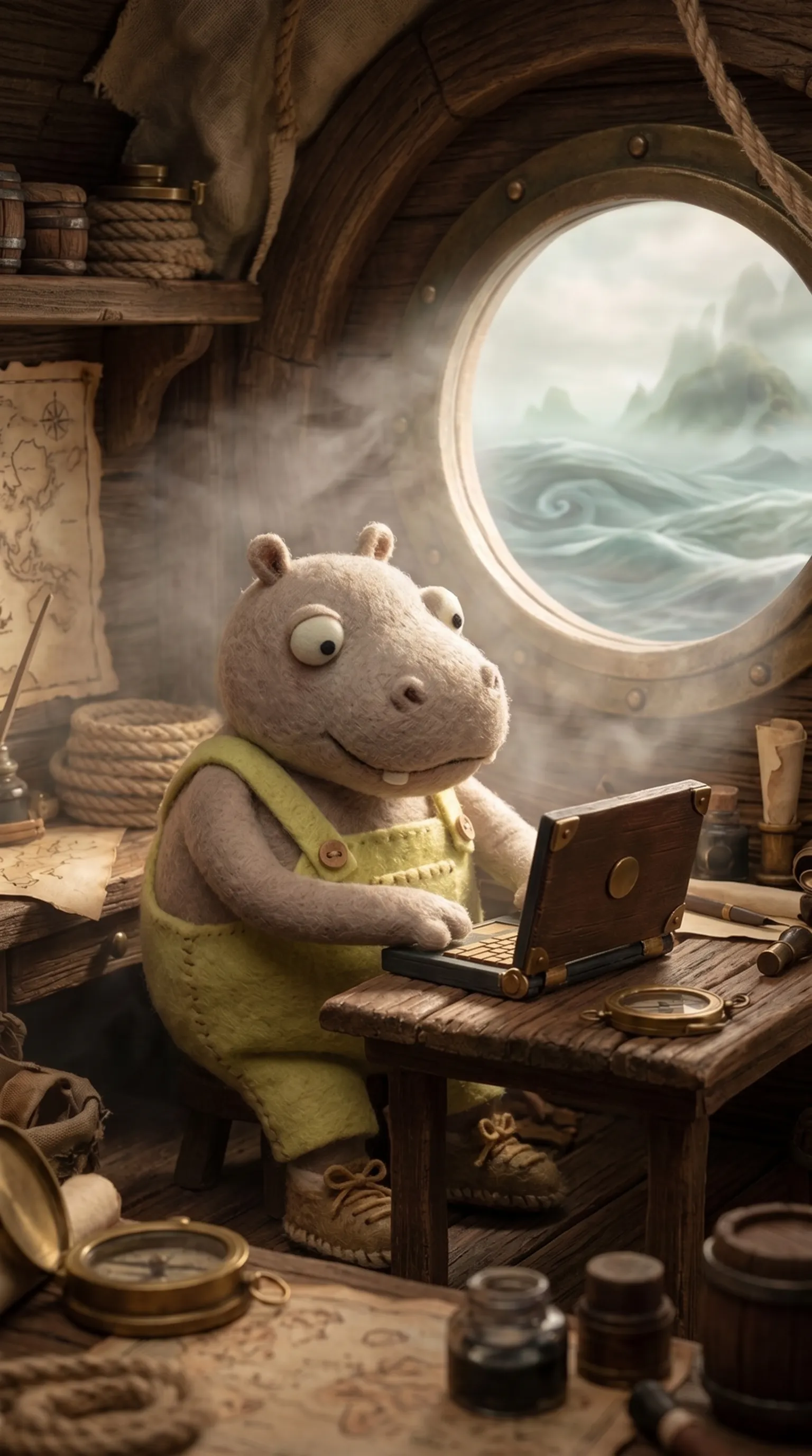 A felt hippopotamus in yellow overalls typing on a wooden laptop inside a ship's cabin, a stormy sea visible through the porthole.