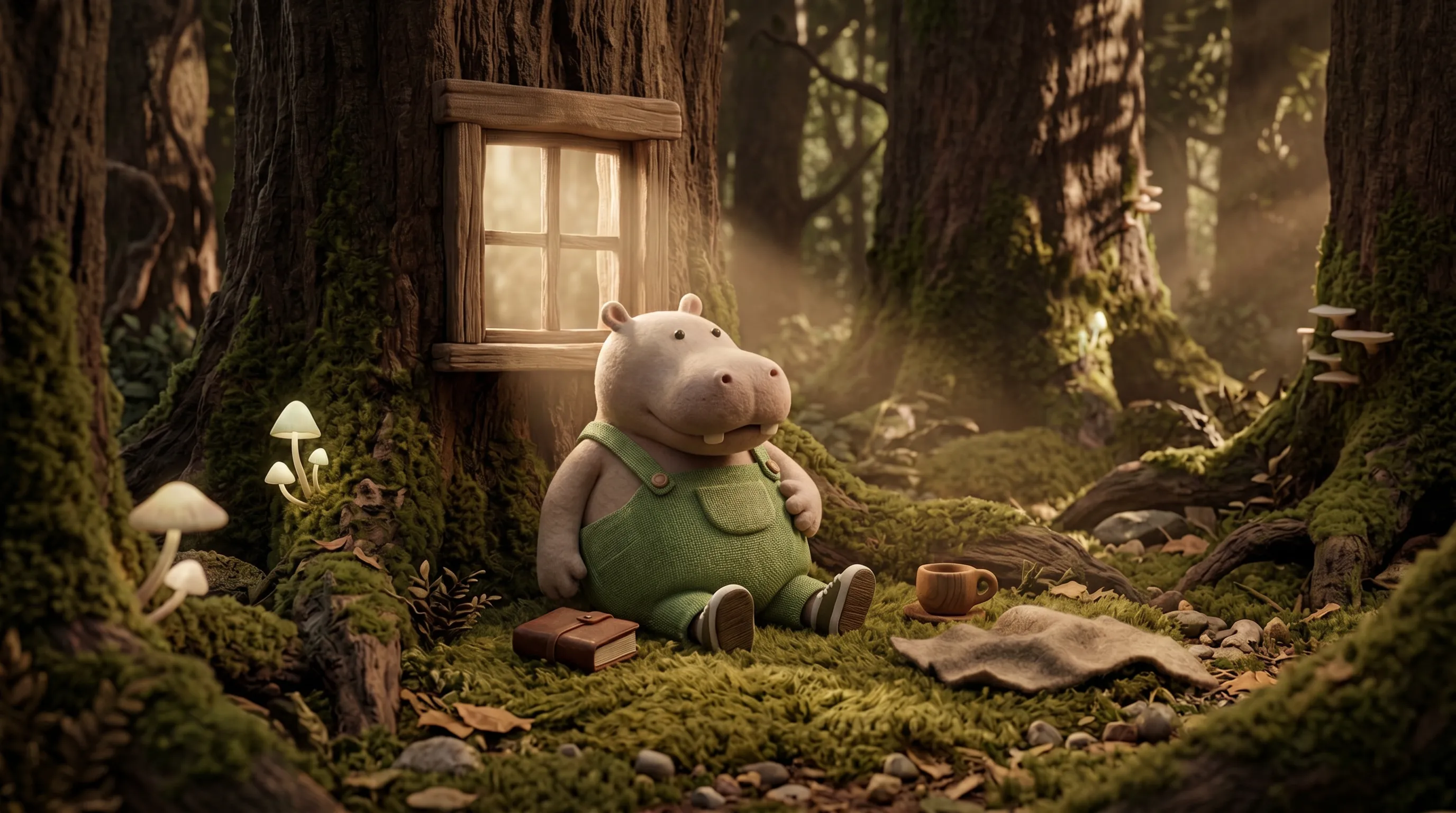 A felt hippopotamus in green overalls sitting calmly on moss beneath a glowing window in an old forest tree.