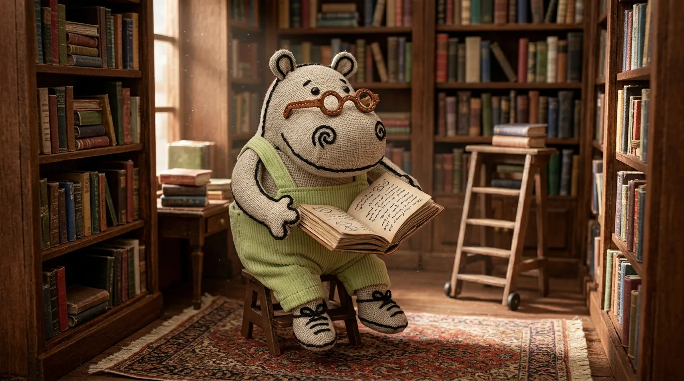 A felt hippopotamus in round glasses and green overalls reading an old book in a wood-panelled library.